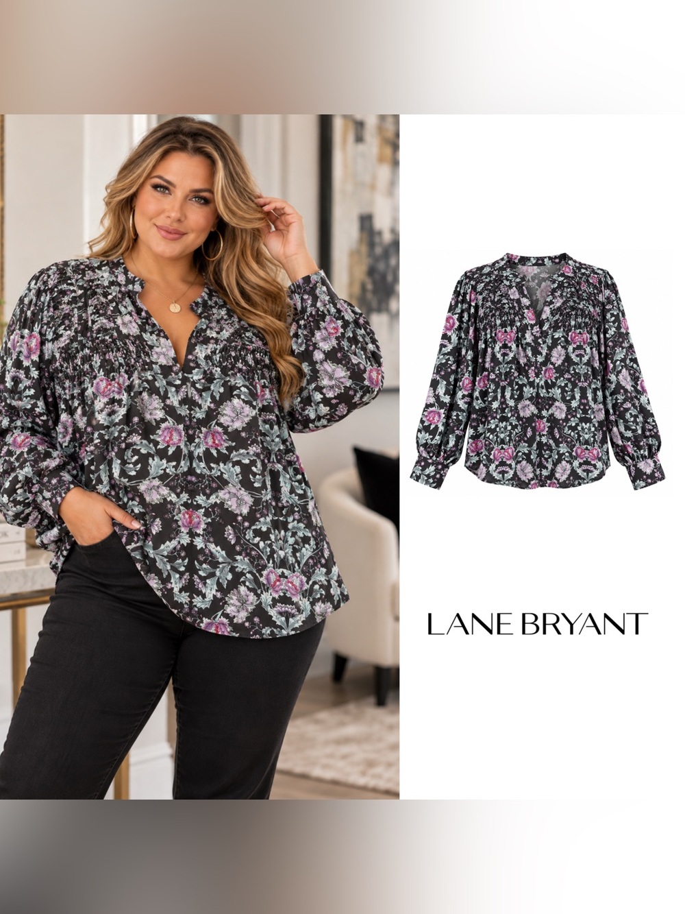 Lane Bryant Black Floral V-Neck Blouse with Pink & Mint Accents